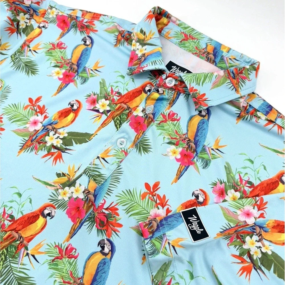Waggle Polo Shirt Mens XL Blue Parrots Floral Print Stretch Performance Golf - Picture 1 of 9